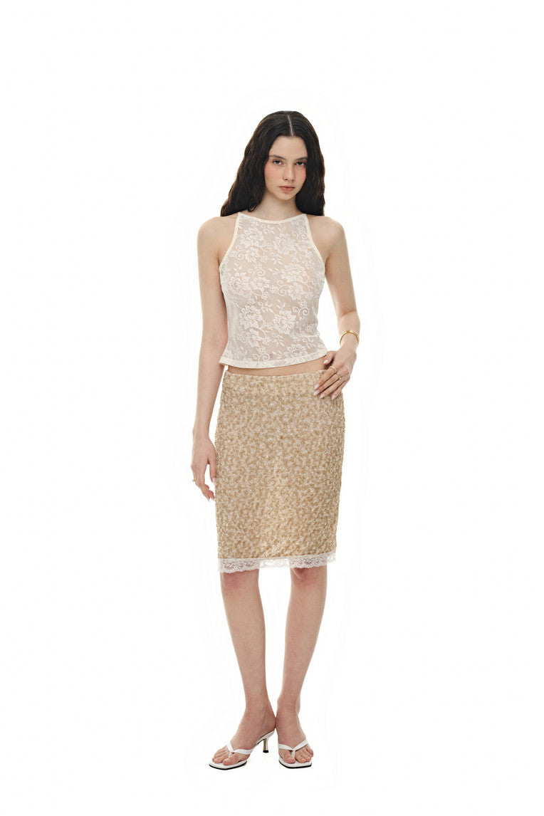 LACE POINT SPARKLE MIDI SKIRT (BEIGE)