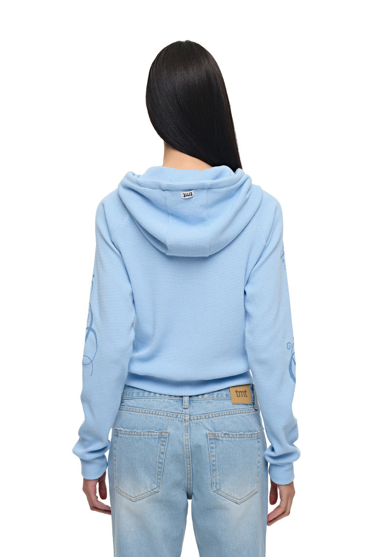 FOLK PATTERN CROP WAFFLE ZIP-UP HOODIE (LIGHT BLUE)