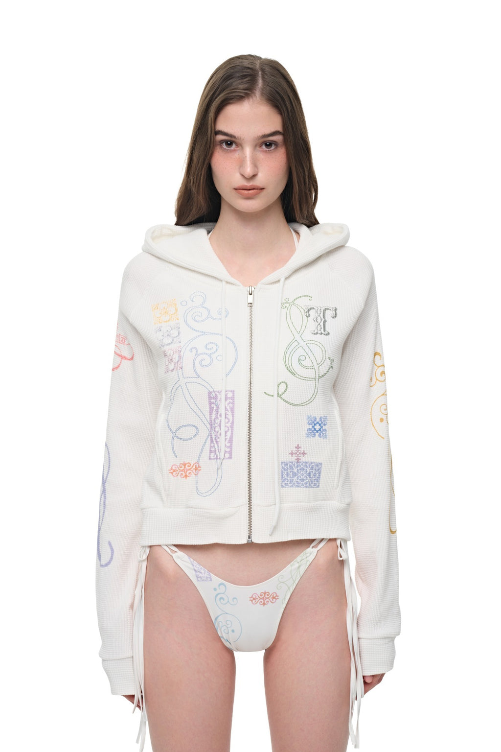 FOLK PATTERN CROP WAFFLE ZIP-UP HOODIE (WHITE)
