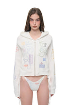 FOLK PATTERN CROP WAFFLE ZIP-UP HOODIE (WHITE)
