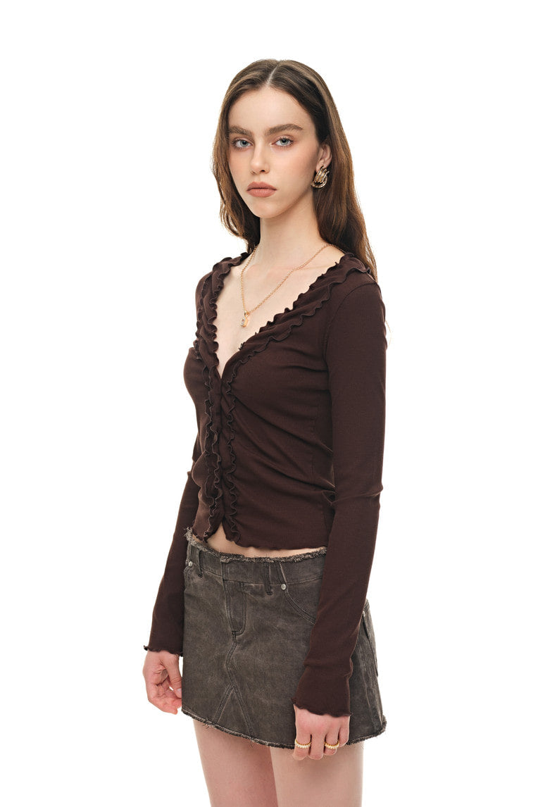 FRILL TRIM V-NECK CARDIGAN (BROWN)