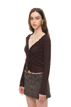 FRILL TRIM V-NECK CARDIGAN (BROWN)