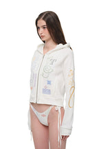 FOLK PATTERN CROP WAFFLE ZIP-UP HOODIE (WHITE)