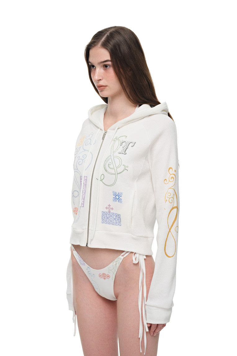 FOLK PATTERN CROP WAFFLE ZIP-UP HOODIE (WHITE)