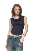 ASYMMETRIC ONE SHOULDER SLEEVELESS TOP (NAVY)