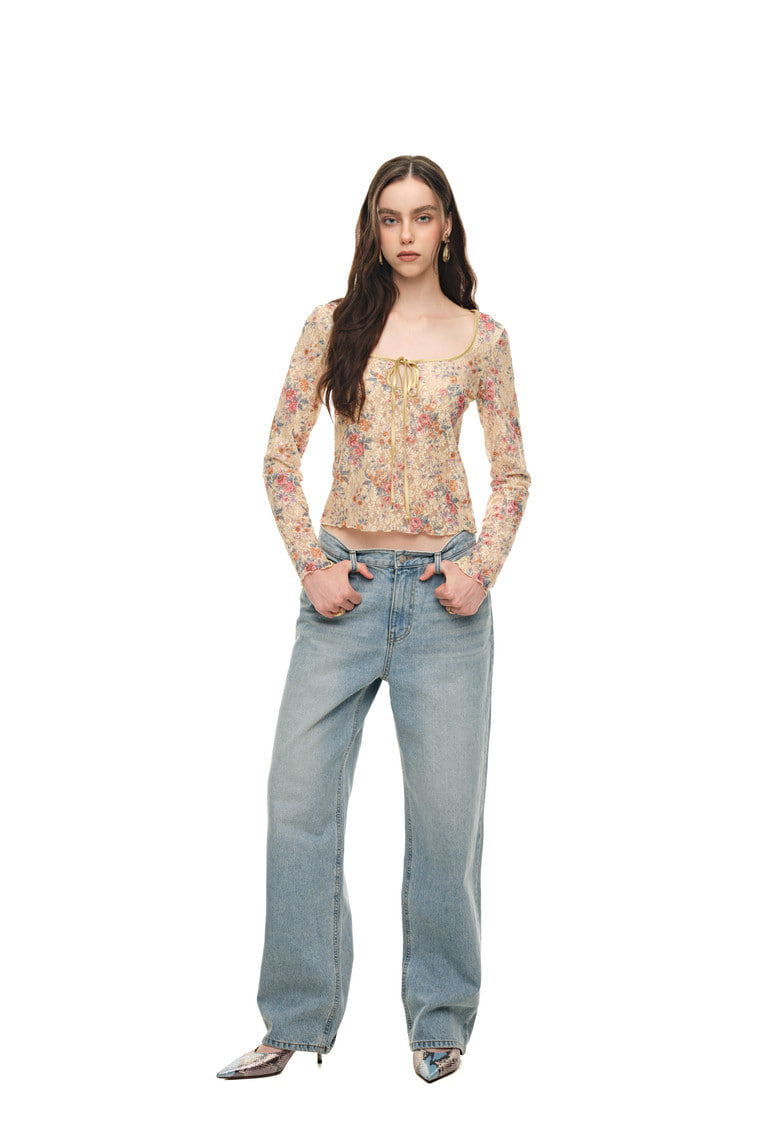 METALLIC FLORAL KEYHOLE TIE TOP (YELLOW)
