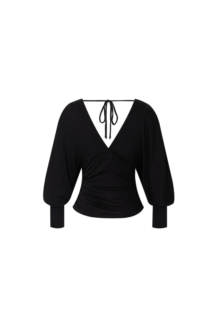 DEEP V-NECK SHIRRING TOP (BLACK)