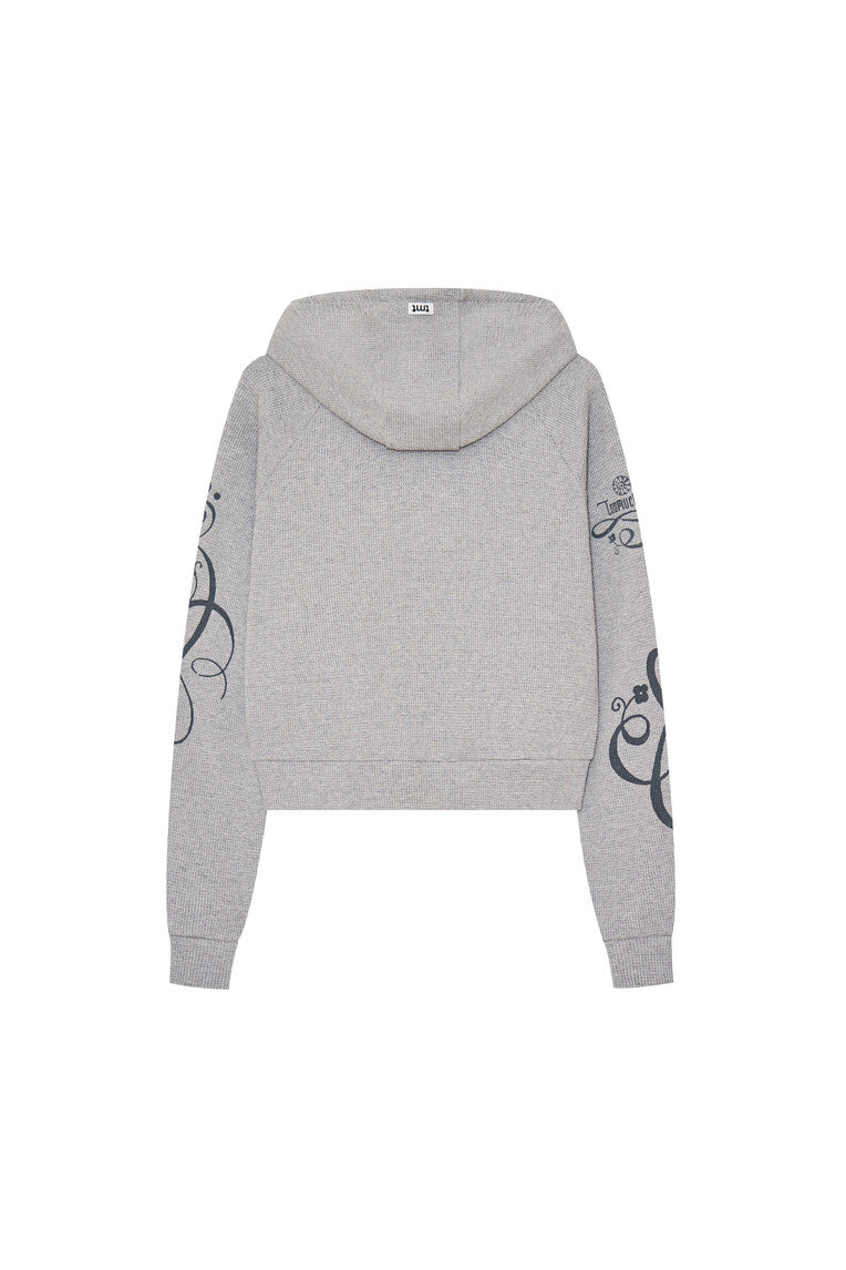 FOLK PATTERN 02 CROP WAFFLE ZIP-UP HOODIE (MELANGE GREY)