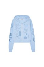 FOLK PATTERN CROP WAFFLE ZIP-UP HOODIE (LIGHT BLUE)