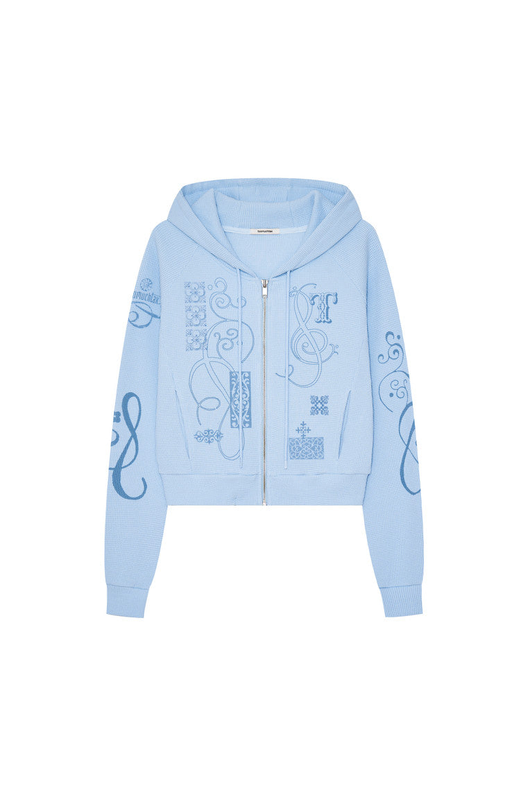 FOLK PATTERN CROP WAFFLE ZIP-UP HOODIE (LIGHT BLUE)