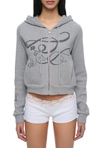 FOLK PATTERN 02 CROP WAFFLE ZIP-UP HOODIE (MELANGE GREY)