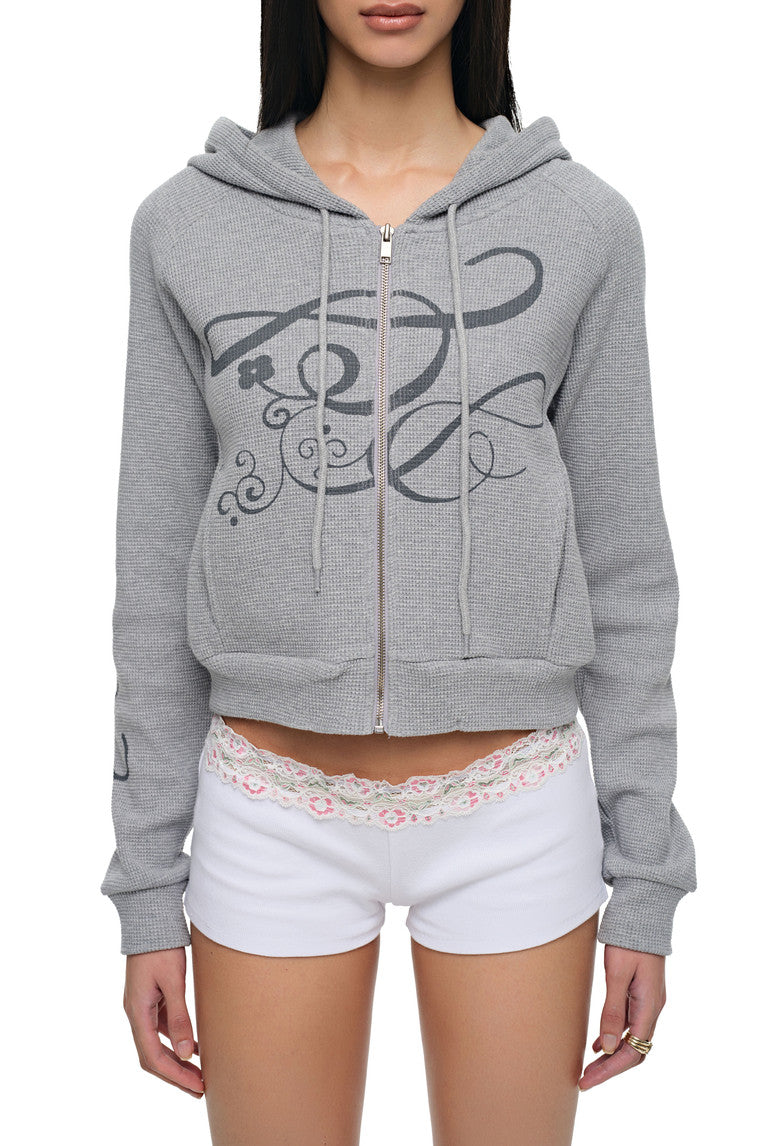 FOLK PATTERN 02 CROP WAFFLE ZIP-UP HOODIE (MELANGE GREY)