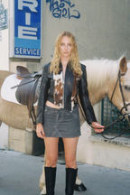 HAIRY LEATHER ASYMMETRIC JACKET (BROWN)